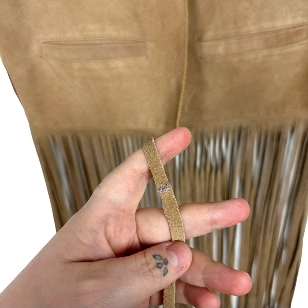 Genuine Leather Suede Boho Western Fringe Open Cropped Vest Tan Festival Rodeo - Picture 8 of 9
